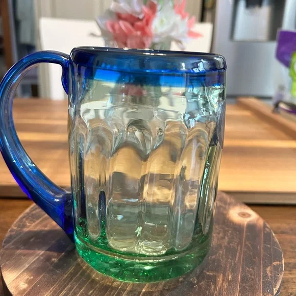 Hand-Blown Mexican Glass Mugs w/Cobalt Blue Rims & Applied Handles,set Of 2 - Picture 5 of 11